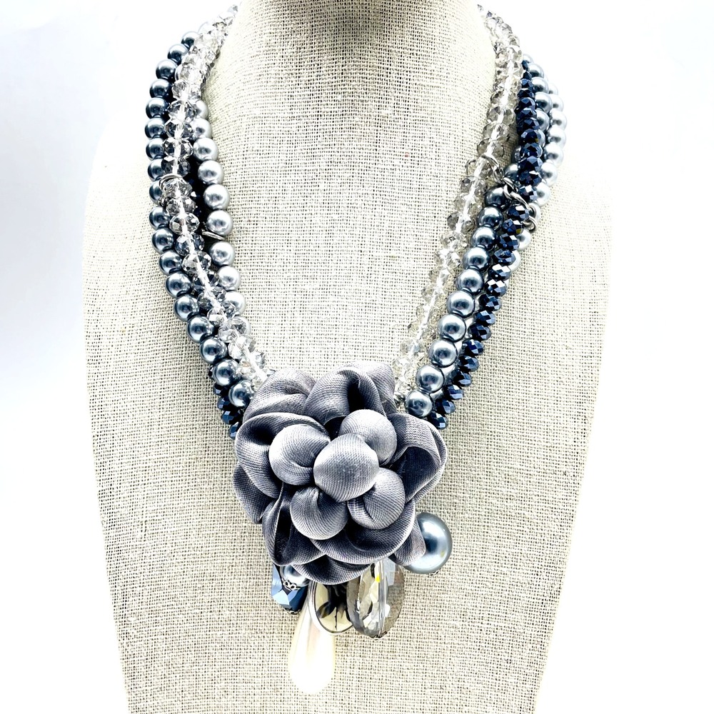 Blue Gray Statement Necklace Fabric Flower Beaded Boho Multi Strand Faux Pearl